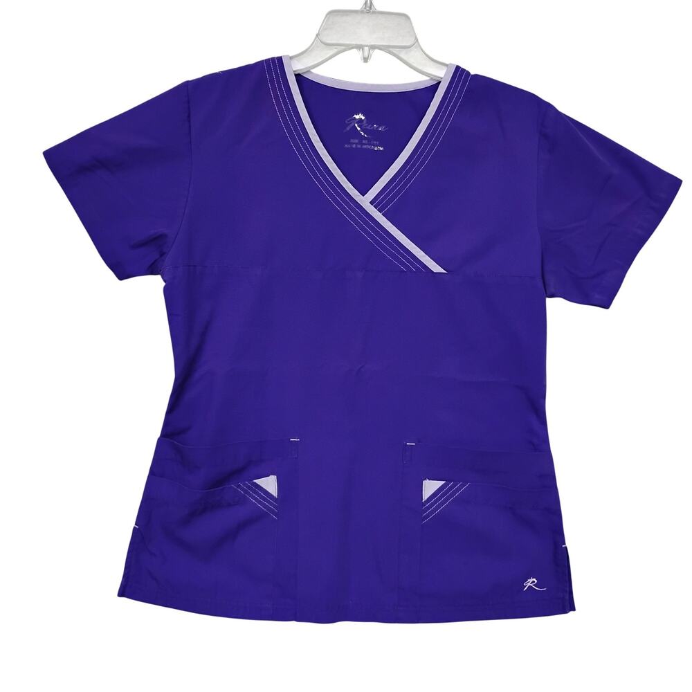Reina Scrub Top Size XS Petite Deep Purple Short Sleeve Front Pockets